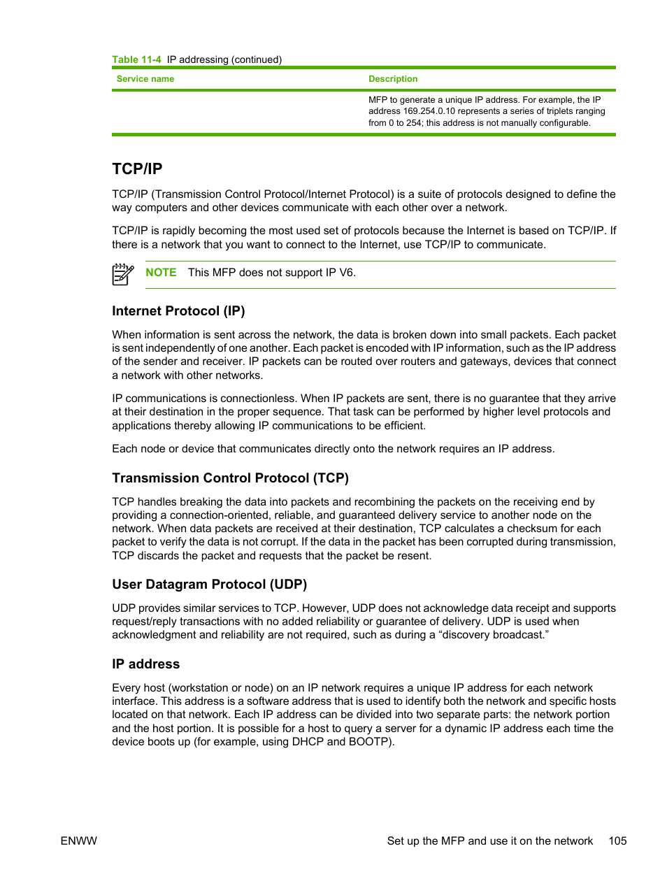 Tcp/ip, Internet protocol (ip), Transmission control protocol (tcp) | User datagram protocol (udp), Ip address | HP Color LaserJet CM1015CM1017 Multifunction Printer series User Manual | Page 119 / 264