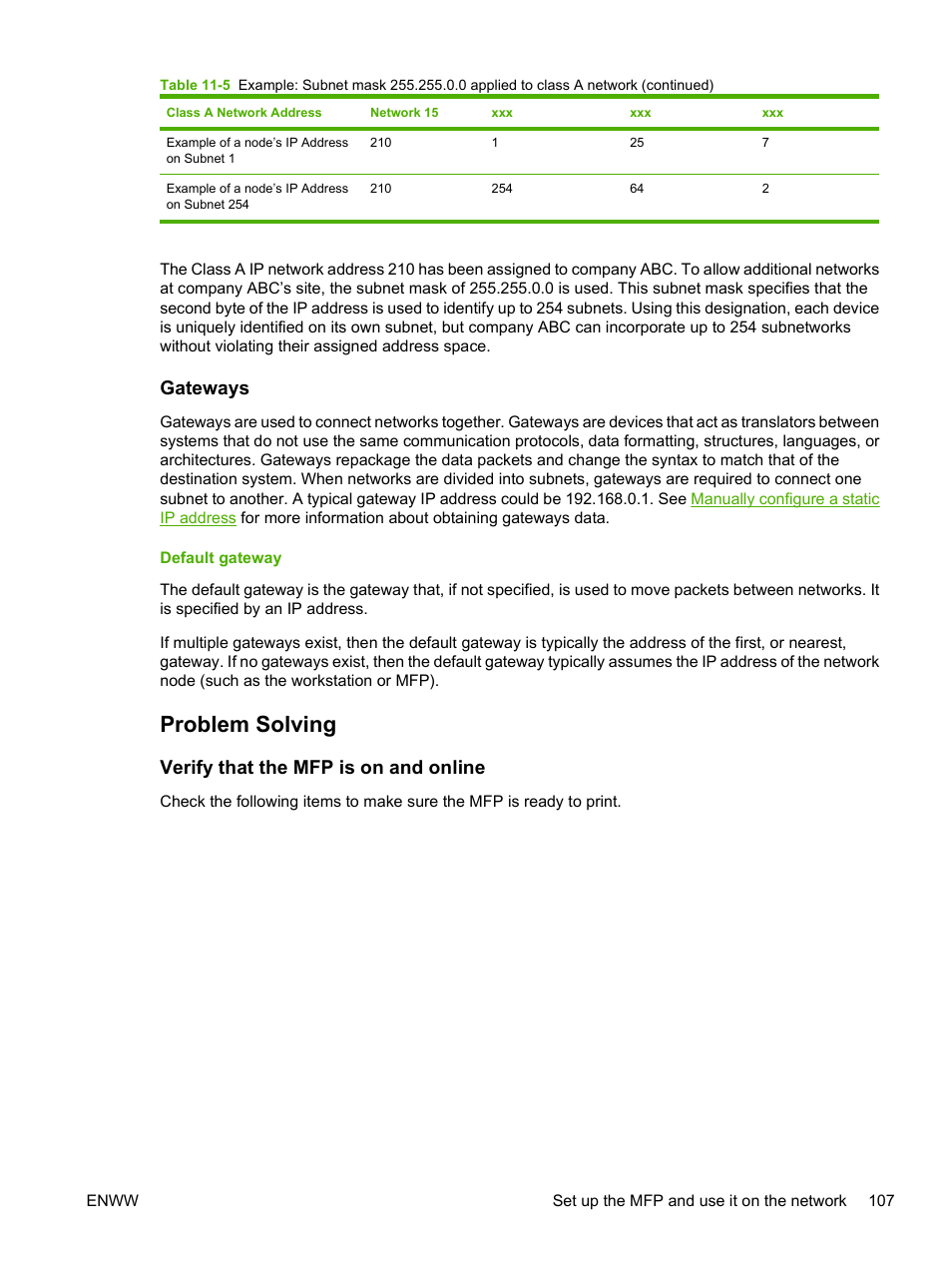 Gateways, Default gateway, Problem solving | Verify that the mfp is on and online | HP Color LaserJet CM1015CM1017 Multifunction Printer series User Manual | Page 121 / 264