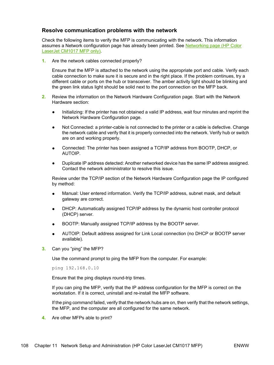 Resolve communication problems with the network | HP Color LaserJet CM1015CM1017 Multifunction Printer series User Manual | Page 122 / 264