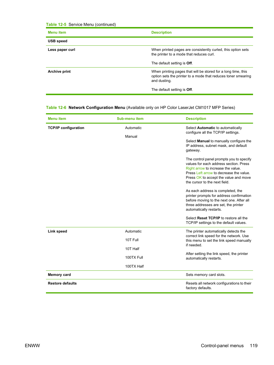 Enww control-panel menus 119 | HP Color LaserJet CM1015CM1017 Multifunction Printer series User Manual | Page 133 / 264