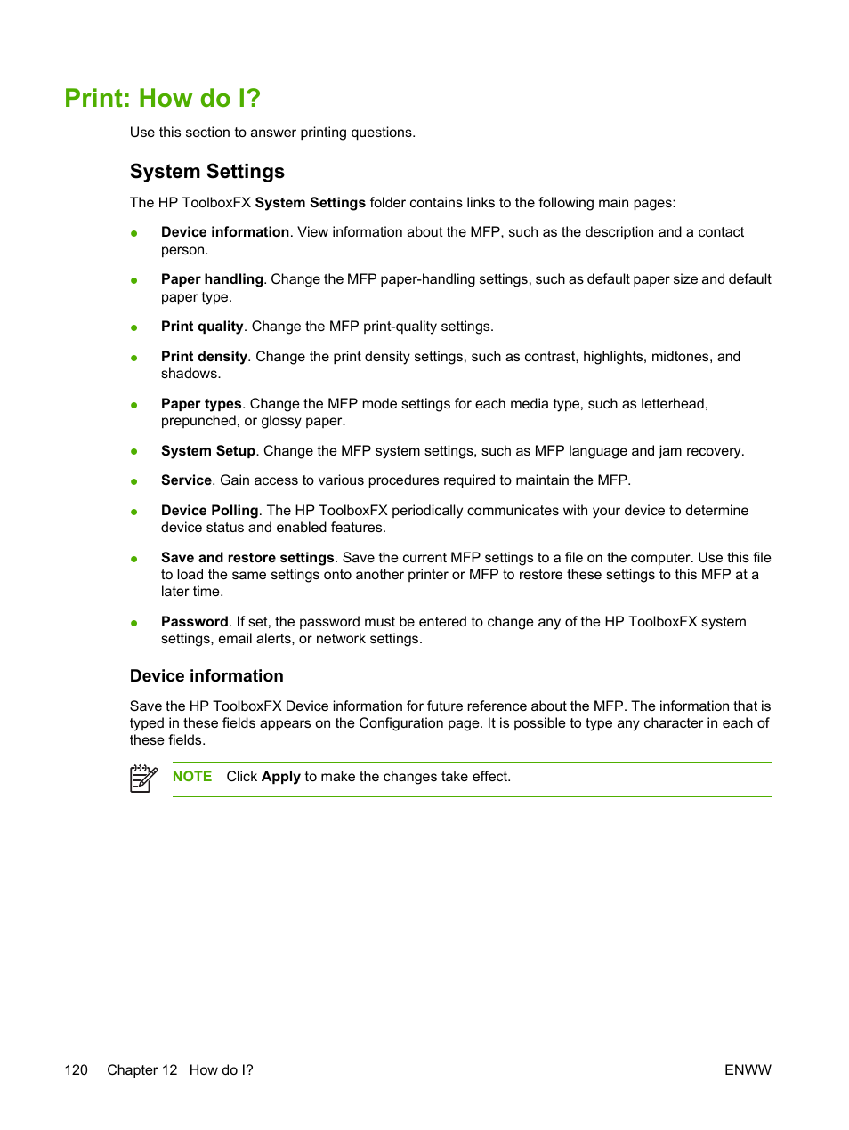 Print: how do i, System settings, Device information | HP Color LaserJet CM1015CM1017 Multifunction Printer series User Manual | Page 134 / 264