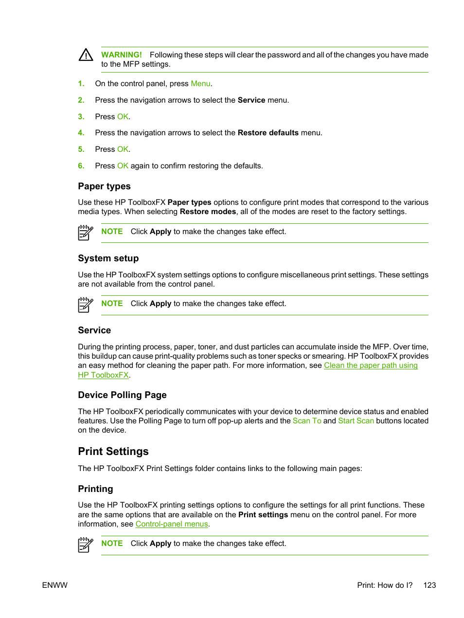 Paper types, System setup, Service | Print settings, Printing | HP Color LaserJet CM1015CM1017 Multifunction Printer series User Manual | Page 137 / 264