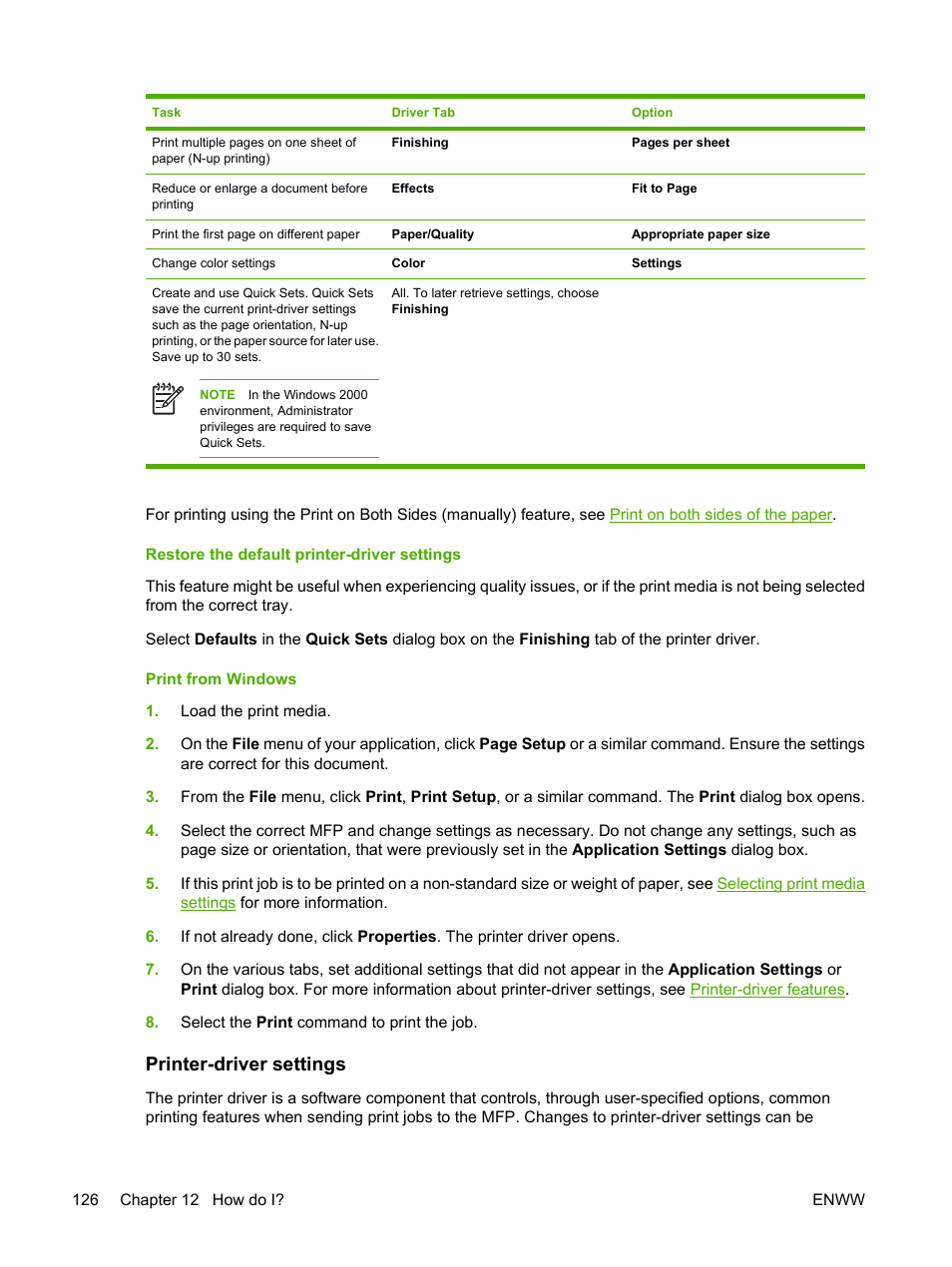 Restore the default printer-driver settings, Print from windows, Printer-driver settings | HP Color LaserJet CM1015CM1017 Multifunction Printer series User Manual | Page 140 / 264