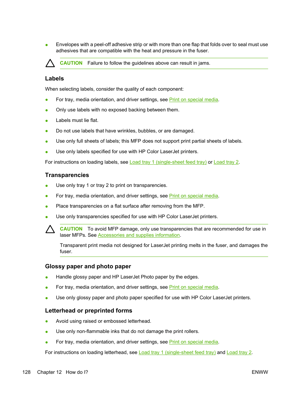 Labels, Transparencies, Glossy paper and photo paper | Letterhead or preprinted forms | HP Color LaserJet CM1015CM1017 Multifunction Printer series User Manual | Page 142 / 264
