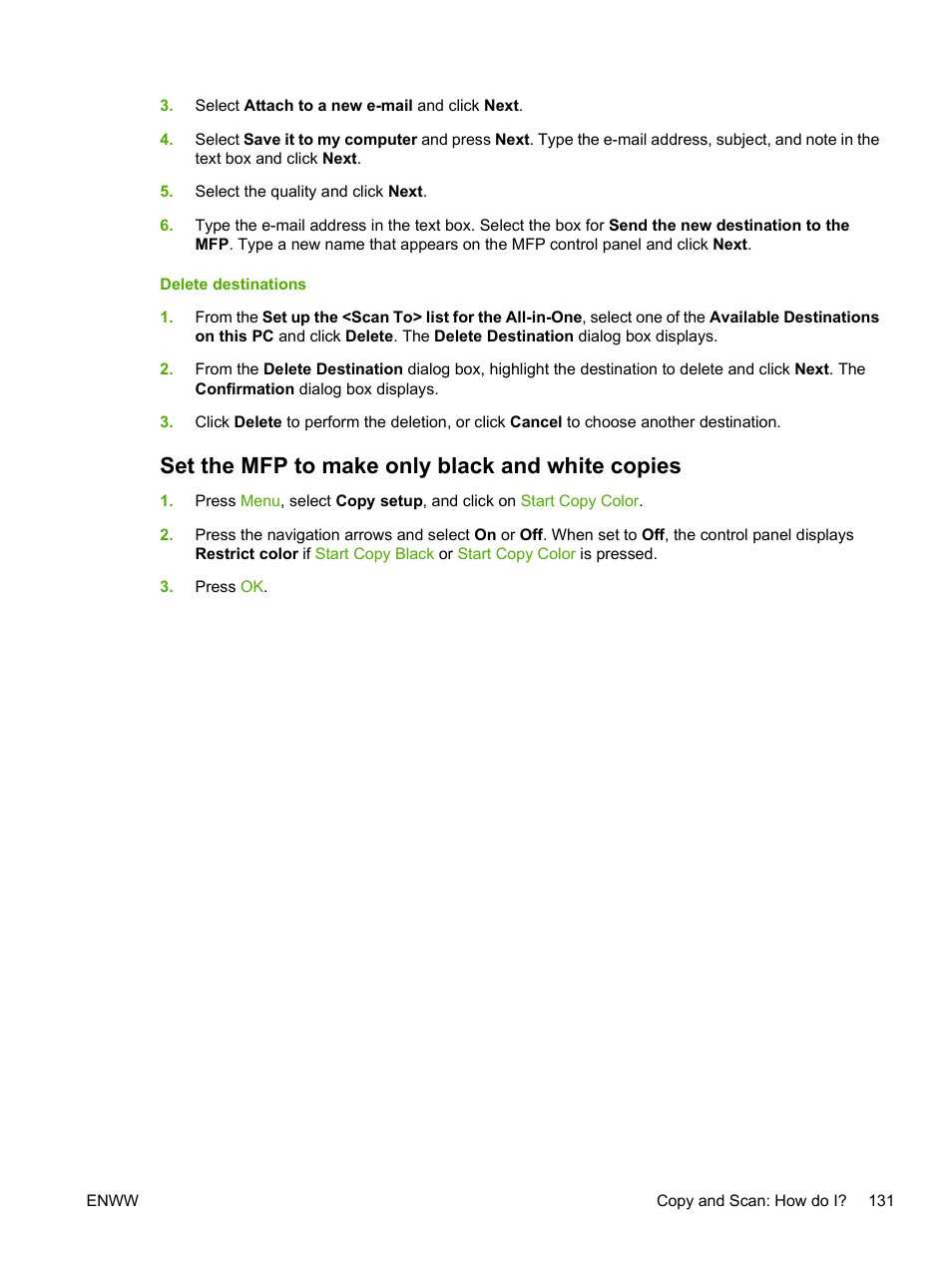 Set the mfp to make only black and white copies | HP Color LaserJet CM1015CM1017 Multifunction Printer series User Manual | Page 145 / 264