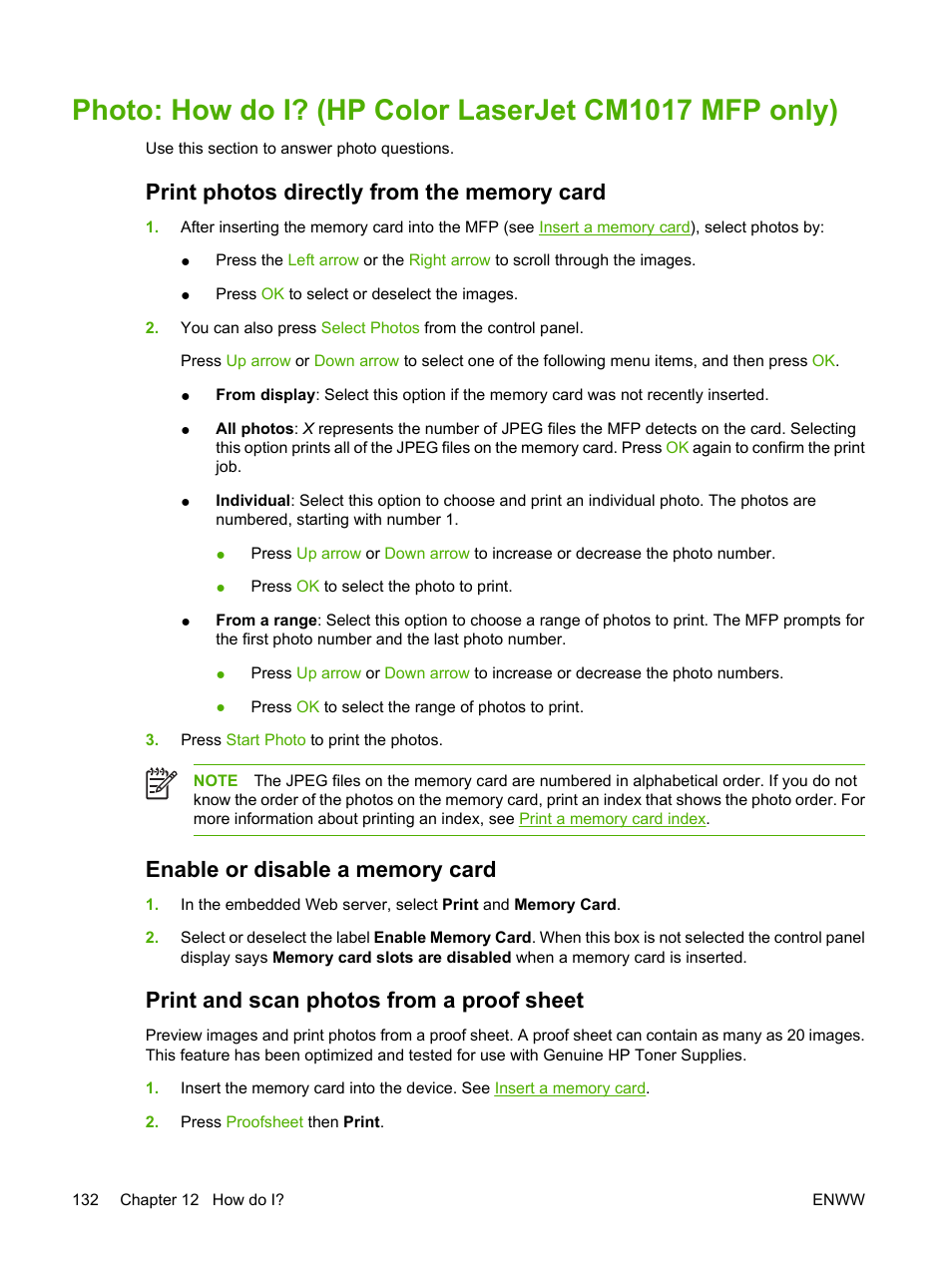 Print photos directly from the memory card, Enable or disable a memory card, Print and scan photos from a proof sheet | HP Color LaserJet CM1015CM1017 Multifunction Printer series User Manual | Page 146 / 264
