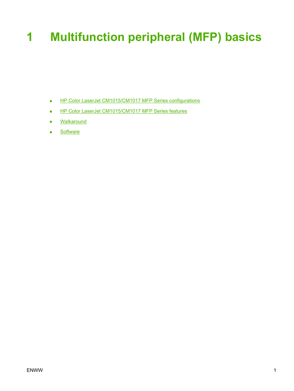 Multifunction peripheral (mfp) basics, 1 multifunction peripheral (mfp) basics, 1multifunction peripheral (mfp) basics | HP Color LaserJet CM1015CM1017 Multifunction Printer series User Manual | Page 15 / 264