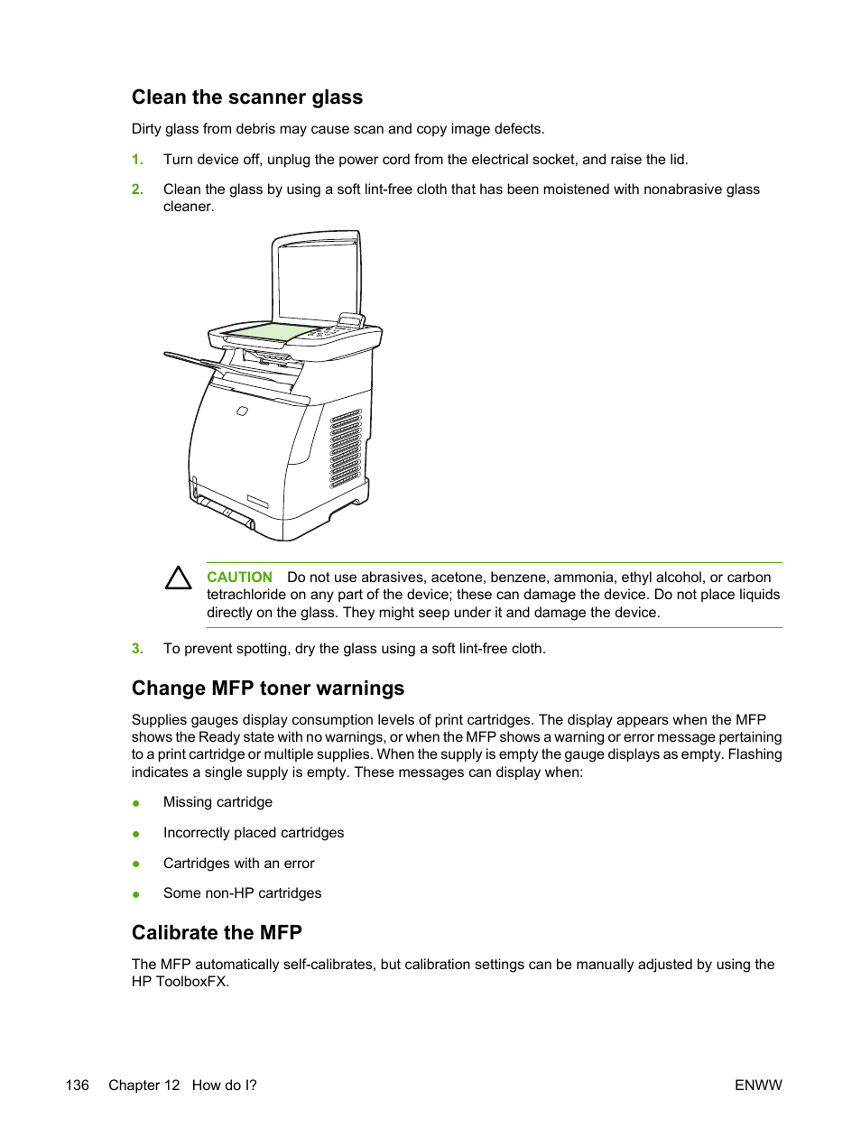 Clean the scanner glass, Change mfp toner warnings, Calibrate the mfp | Clean the scanner glass change mfp toner warnings | HP Color LaserJet CM1015CM1017 Multifunction Printer series User Manual | Page 150 / 264