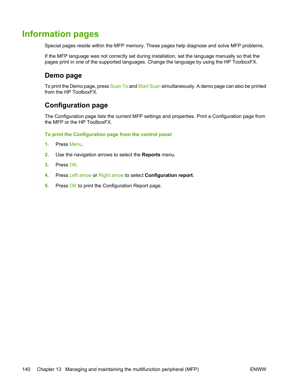Information pages, Demo page, Configuration page | HP Color LaserJet CM1015CM1017 Multifunction Printer series User Manual | Page 154 / 264