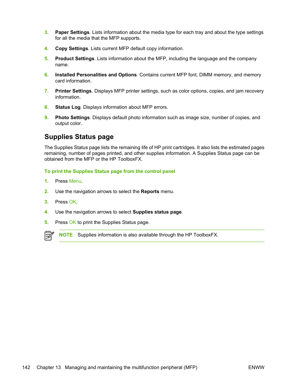 Supplies status page | HP Color LaserJet CM1015CM1017 Multifunction Printer series User Manual | Page 156 / 264