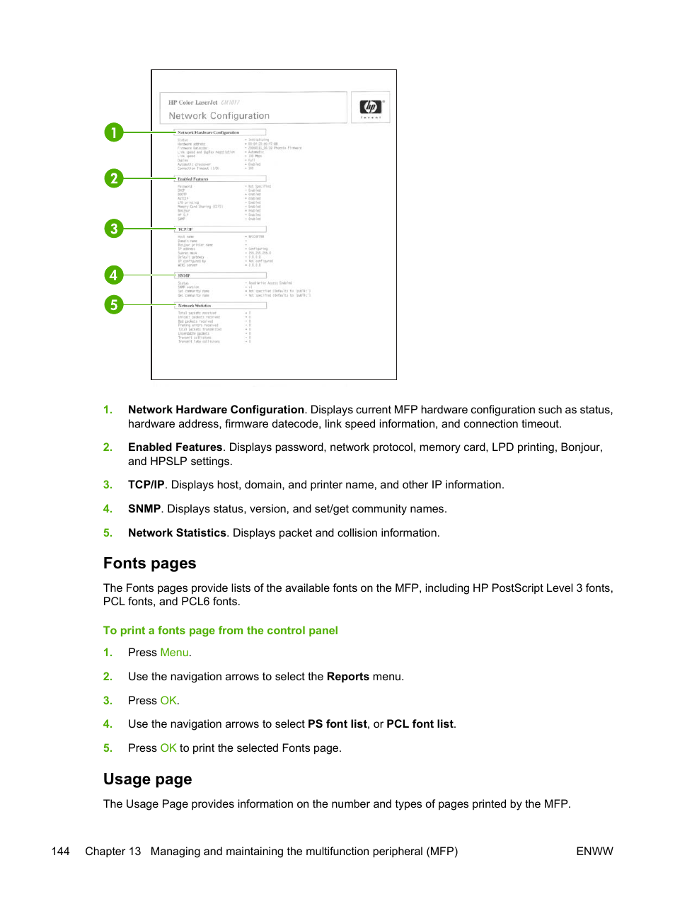 Fonts pages, Usage page | HP Color LaserJet CM1015CM1017 Multifunction Printer series User Manual | Page 158 / 264