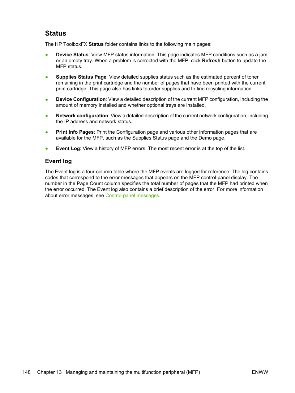 Status, Event log | HP Color LaserJet CM1015CM1017 Multifunction Printer series User Manual | Page 162 / 264