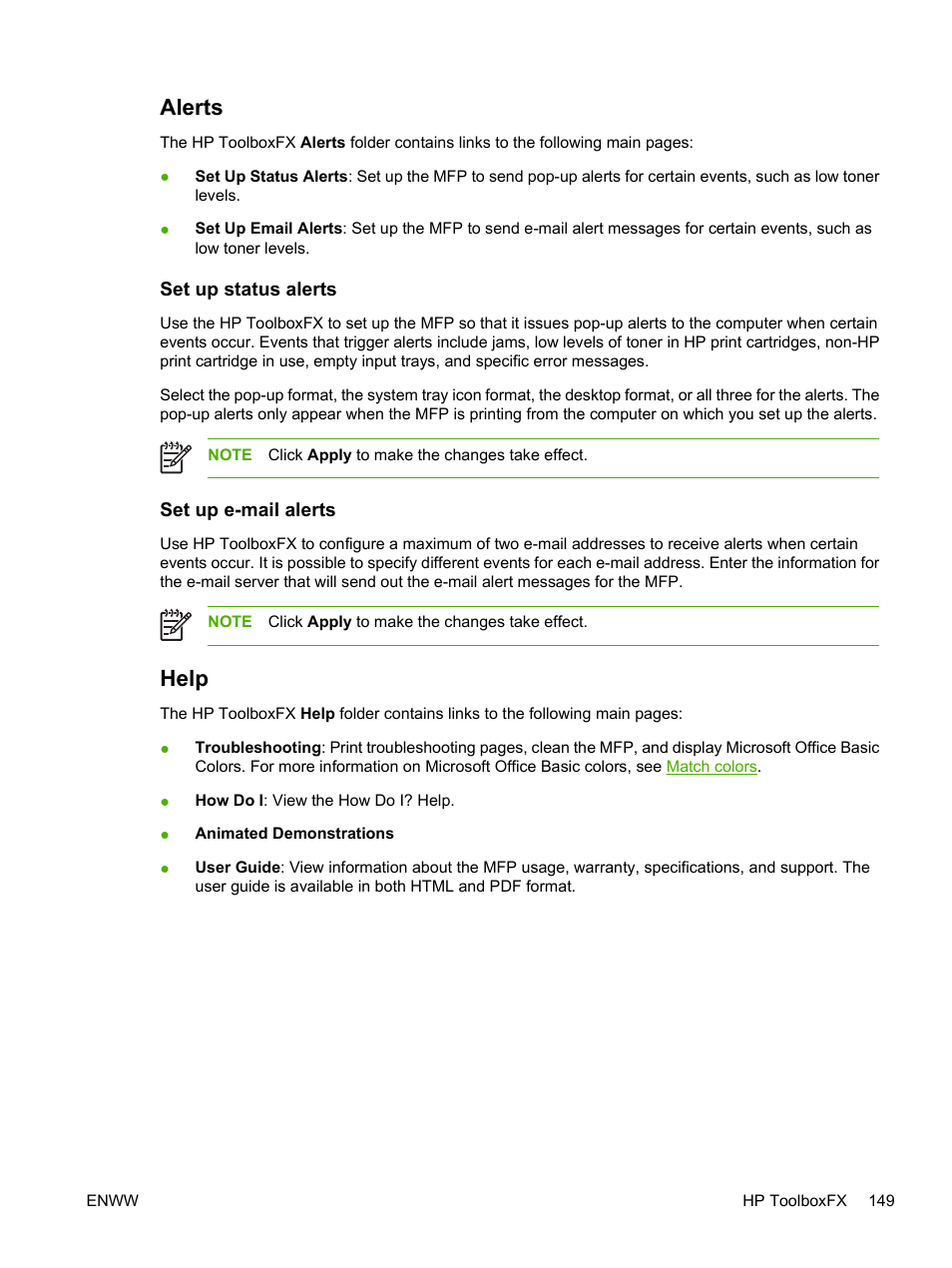 Alerts, Set up status alerts, Set up e‑mail alerts | Help, Set up status alerts set up e-mail alerts | HP Color LaserJet CM1015CM1017 Multifunction Printer series User Manual | Page 163 / 264
