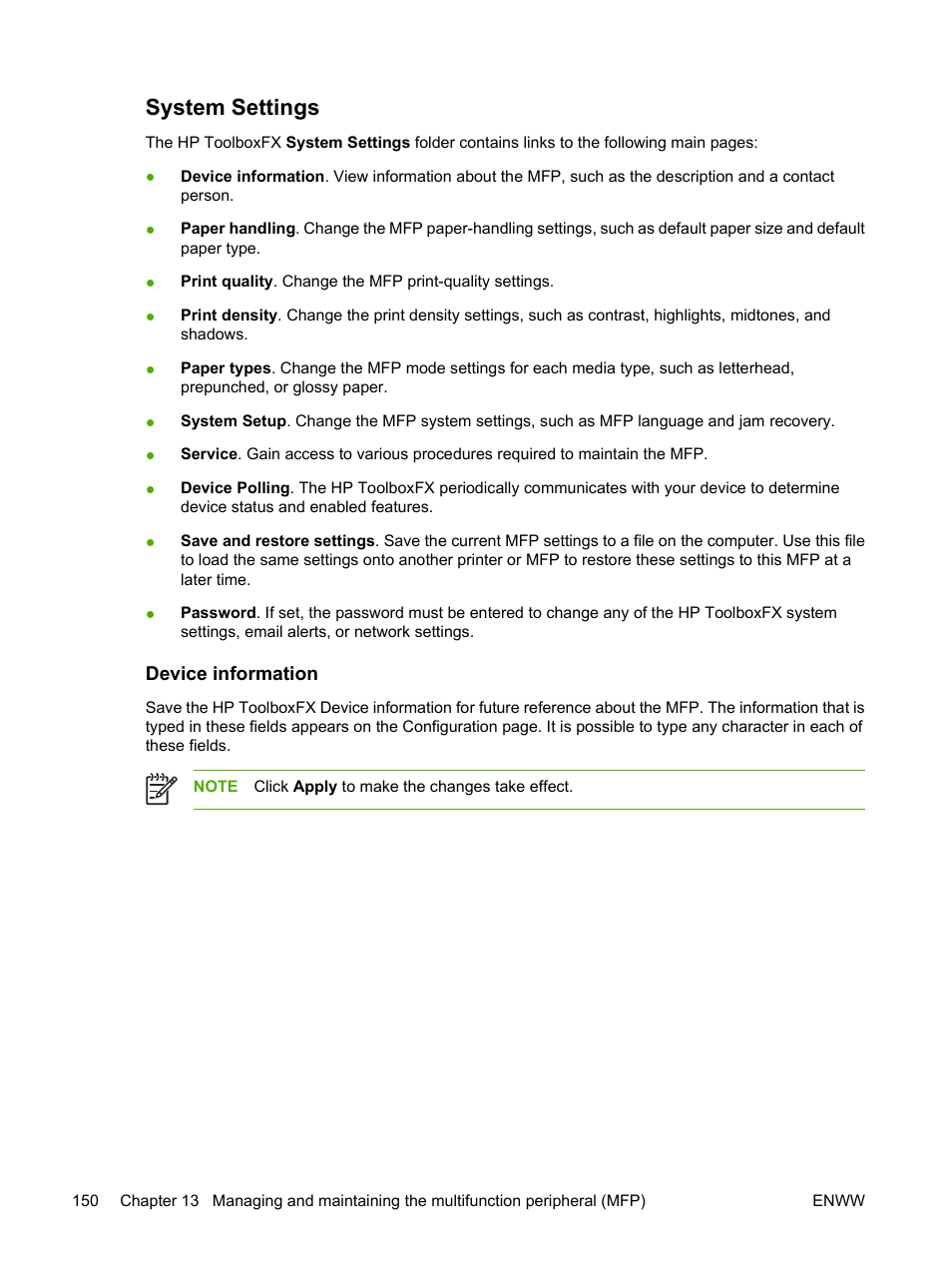 System settings, Device information | HP Color LaserJet CM1015CM1017 Multifunction Printer series User Manual | Page 164 / 264