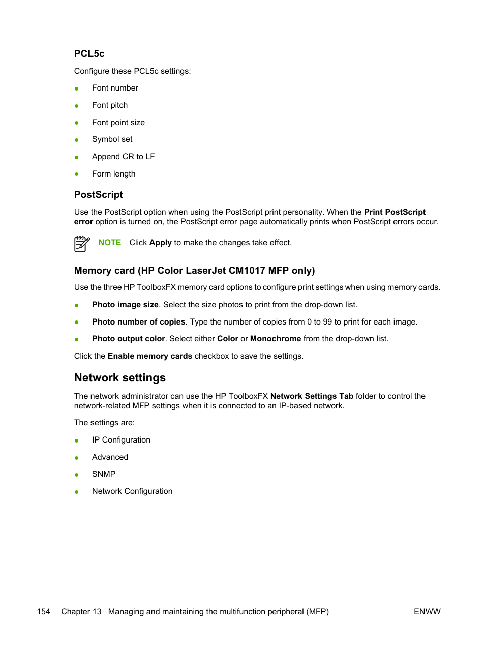 Pcl5c, Postscript, Memory card (hp color laserjet cm1017 mfp only) | Network settings | HP Color LaserJet CM1015CM1017 Multifunction Printer series User Manual | Page 168 / 264