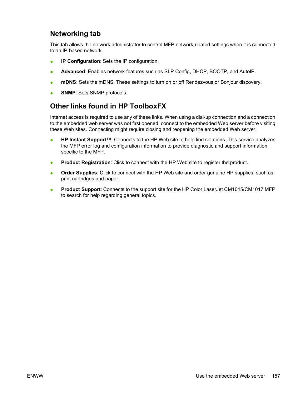 Networking tab, Other links found in hp toolboxfx, Networking tab other links found in hp toolboxfx | HP Color LaserJet CM1015CM1017 Multifunction Printer series User Manual | Page 171 / 264