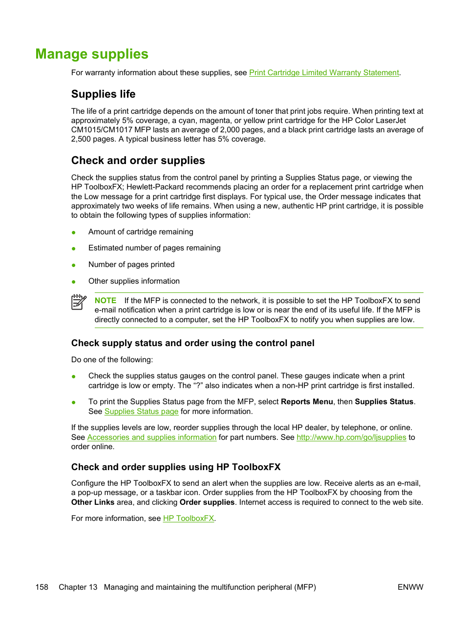 Manage supplies, Supplies life, Check and order supplies | Check and order supplies using hp toolboxfx, Supplies life check and order supplies | HP Color LaserJet CM1015CM1017 Multifunction Printer series User Manual | Page 172 / 264