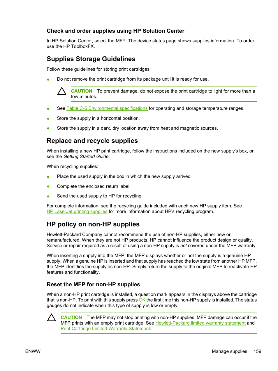 Check and order supplies using hp solution center, Supplies storage guidelines, Replace and recycle supplies | Hp policy on non-hp supplies, Reset the mfp for non-hp supplies | HP Color LaserJet CM1015CM1017 Multifunction Printer series User Manual | Page 173 / 264