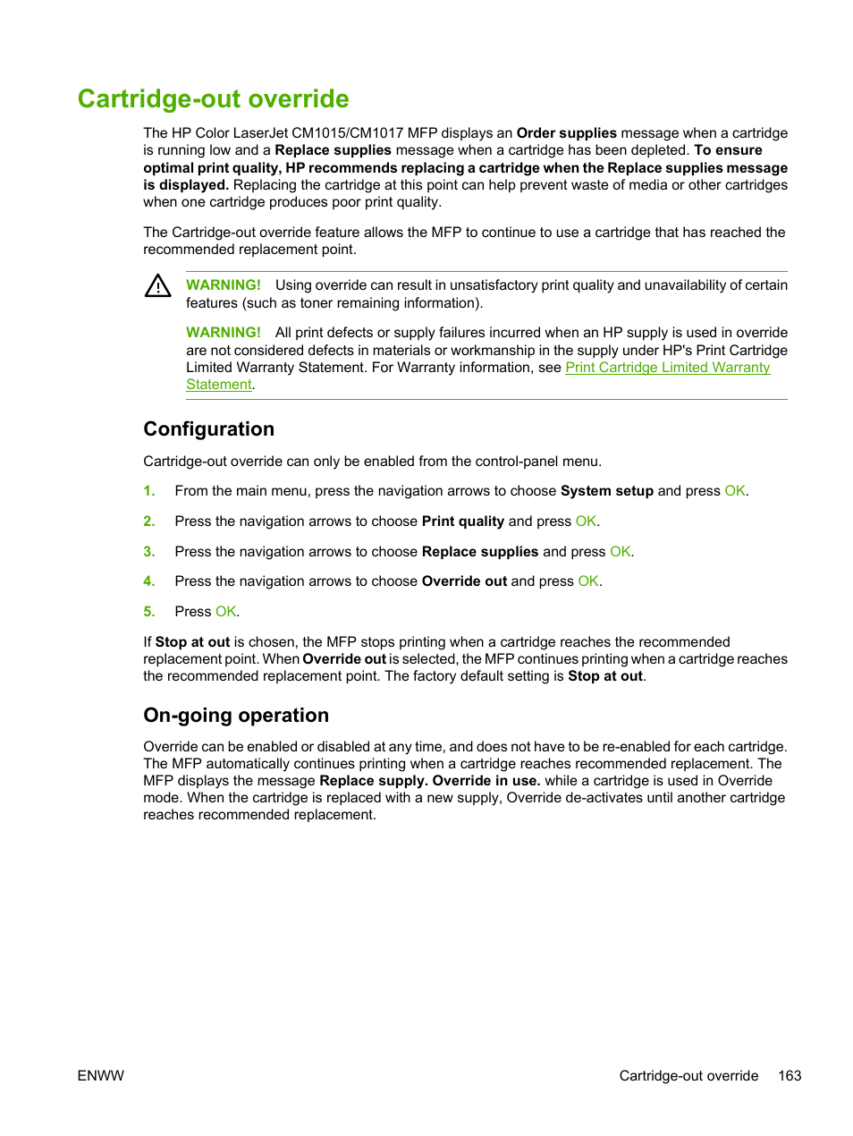Cartridge-out override, Configuration, On-going operation | Configuration on-going operation | HP Color LaserJet CM1015CM1017 Multifunction Printer series User Manual | Page 177 / 264