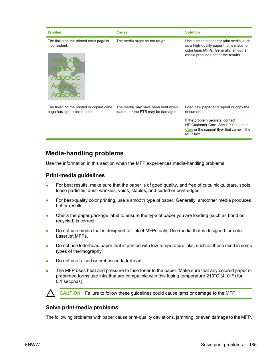 Media-handling problems, Print-media guidelines, Solve print-media problems | Print-media guidelines solve print-media problems | HP Color LaserJet CM1015CM1017 Multifunction Printer series User Manual | Page 199 / 264