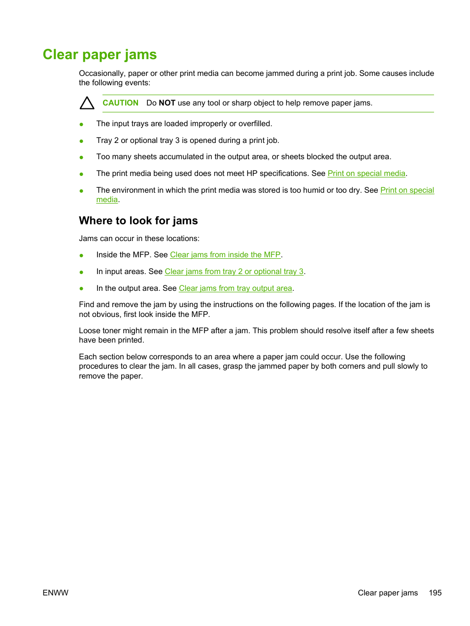 Clear paper jams, Where to look for jams | HP Color LaserJet CM1015CM1017 Multifunction Printer series User Manual | Page 209 / 264