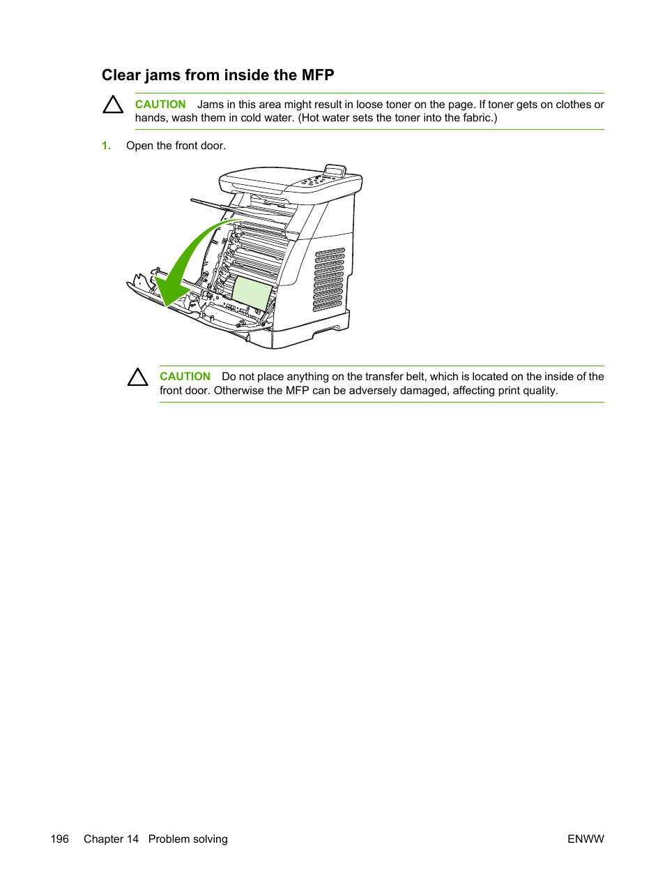 Clear jams from inside the mfp | HP Color LaserJet CM1015CM1017 Multifunction Printer series User Manual | Page 210 / 264
