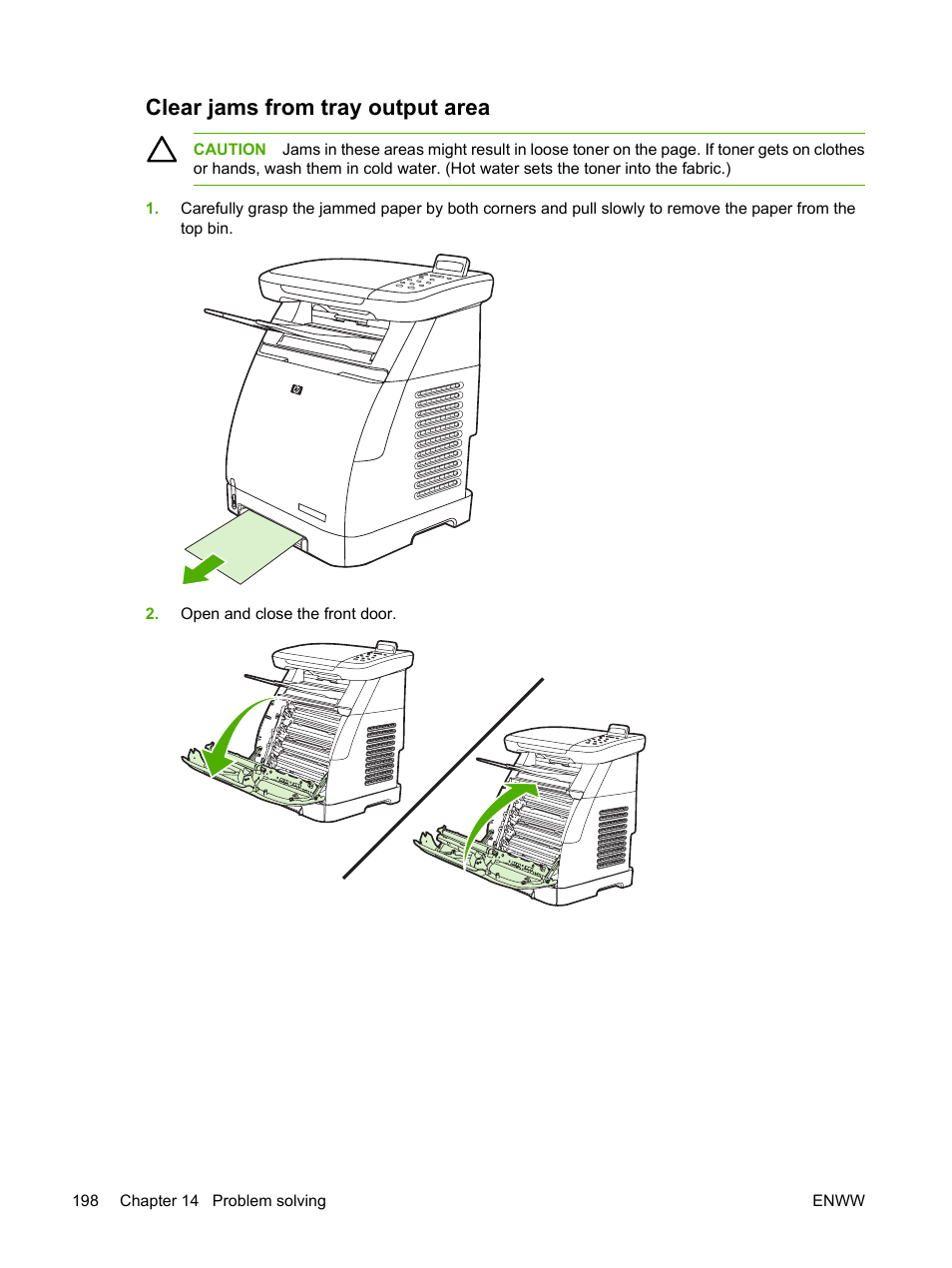 Clear jams from tray output area | HP Color LaserJet CM1015CM1017 Multifunction Printer series User Manual | Page 212 / 264