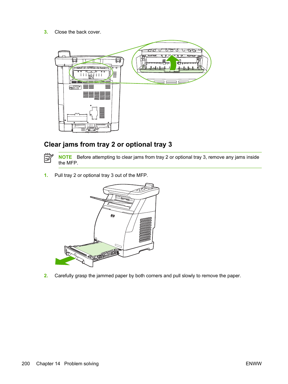 Clear jams from tray 2 or optional tray 3 | HP Color LaserJet CM1015CM1017 Multifunction Printer series User Manual | Page 214 / 264