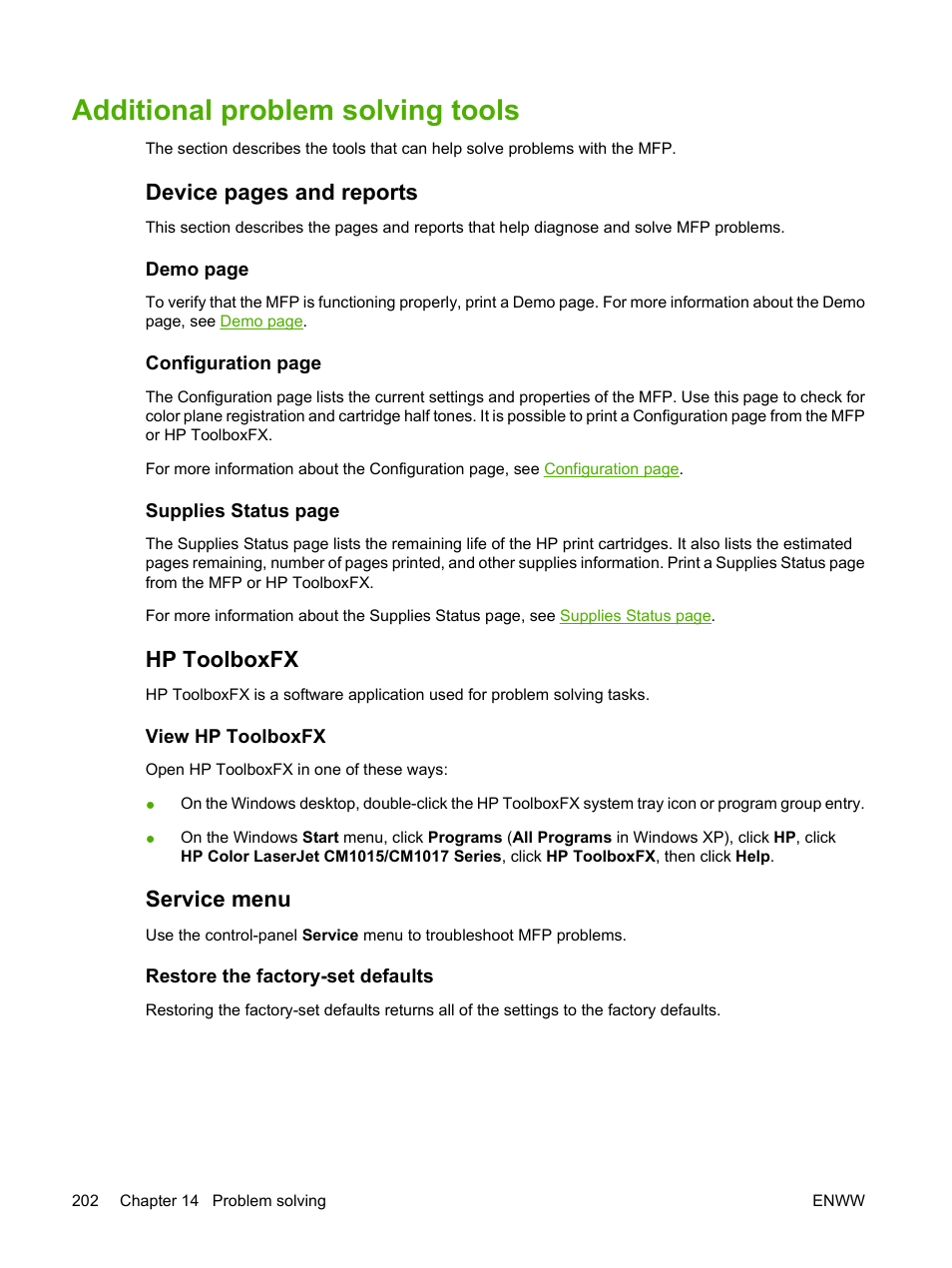 Additional problem solving tools, Hp toolboxfx, View hp toolboxfx | Service menu, Restore the factory-set defaults, Device pages and reports | HP Color LaserJet CM1015CM1017 Multifunction Printer series User Manual | Page 216 / 264