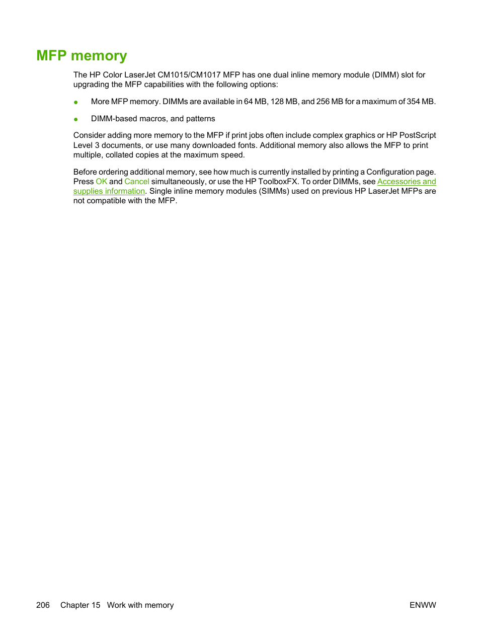 Mfp memory | HP Color LaserJet CM1015CM1017 Multifunction Printer series User Manual | Page 220 / 264