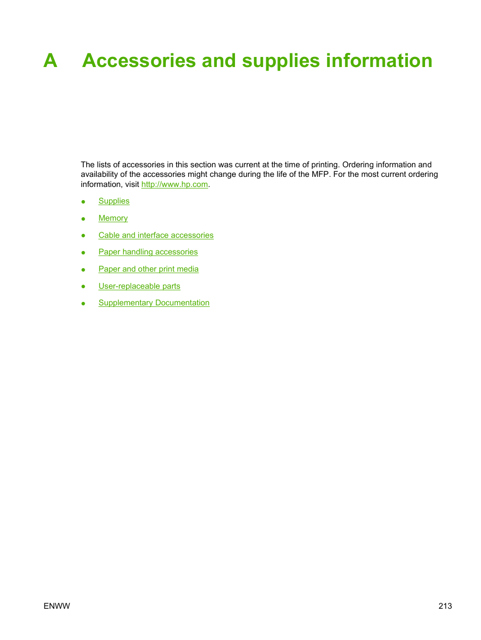 Accessories and supplies information, Appendix a accessories and supplies information, Accessories and | Supplies information, Aaccessories and supplies information | HP Color LaserJet CM1015CM1017 Multifunction Printer series User Manual | Page 227 / 264