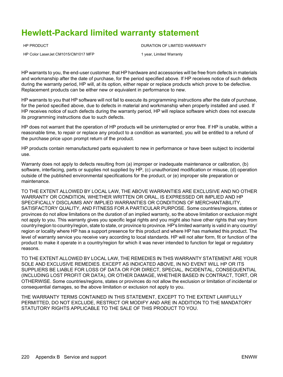 Hewlett-packard limited warranty statement | HP Color LaserJet CM1015CM1017 Multifunction Printer series User Manual | Page 234 / 264