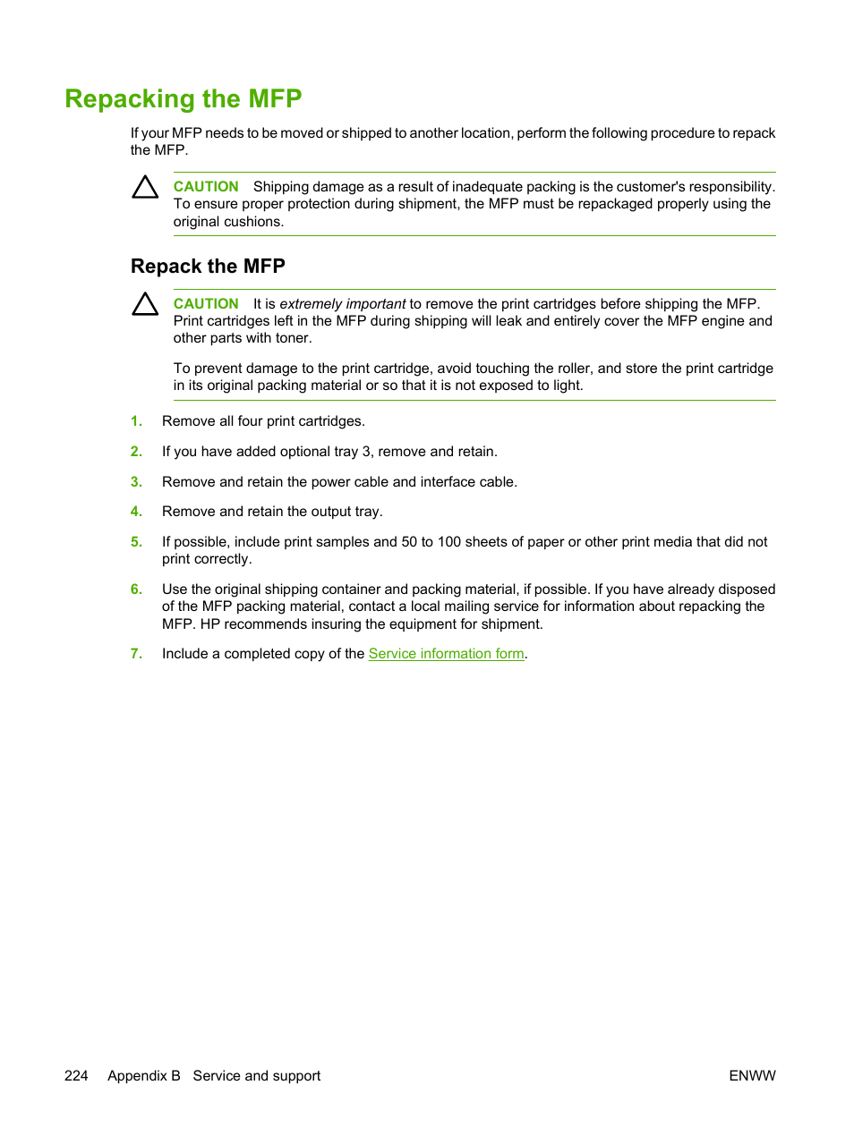 Repacking the mfp, Repack the mfp | HP Color LaserJet CM1015CM1017 Multifunction Printer series User Manual | Page 238 / 264