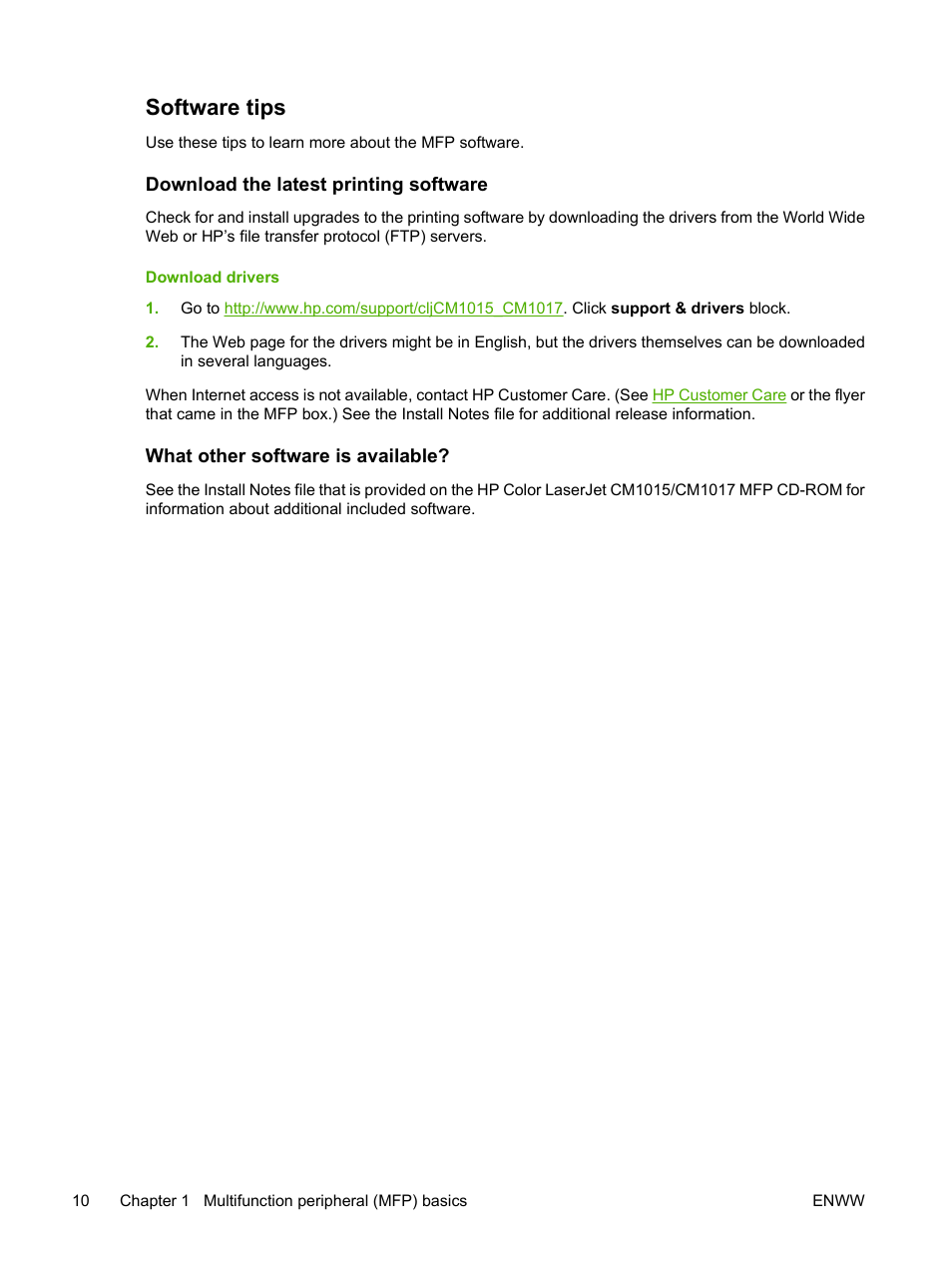 Software tips, Download the latest printing software, What other software is available | HP Color LaserJet CM1015CM1017 Multifunction Printer series User Manual | Page 24 / 264