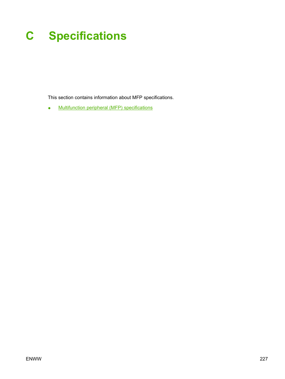 Specifications, Appendix c specifications, Cspecifications | HP Color LaserJet CM1015CM1017 Multifunction Printer series User Manual | Page 241 / 264