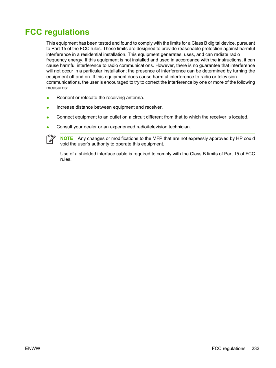 Fcc regulations | HP Color LaserJet CM1015CM1017 Multifunction Printer series User Manual | Page 247 / 264