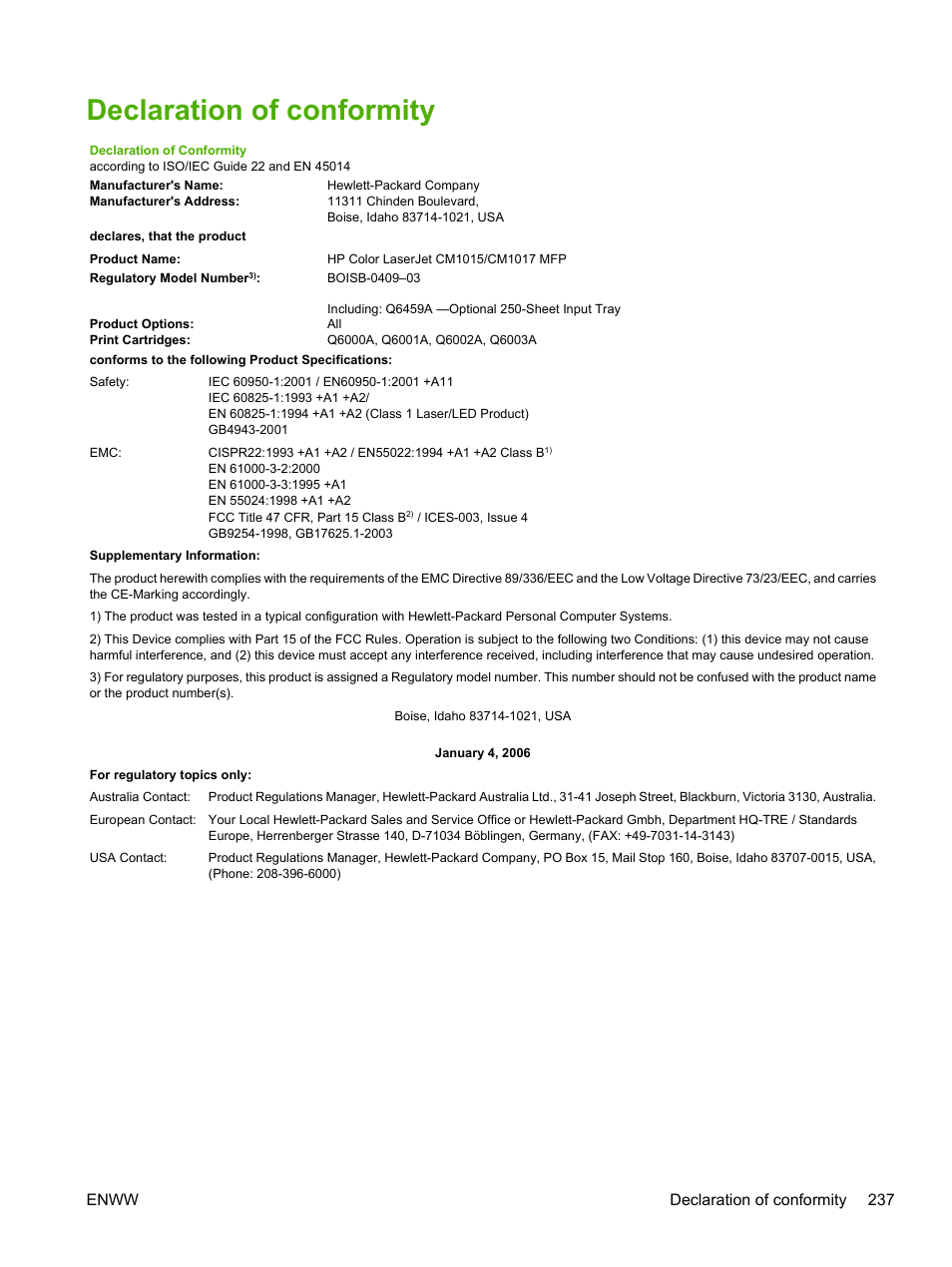 Declaration of conformity, Enww declaration of conformity 237 | HP Color LaserJet CM1015CM1017 Multifunction Printer series User Manual | Page 251 / 264