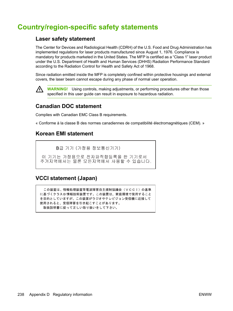 Country/region-specific safety statements, Laser safety statement, Canadian doc statement | Korean emi statement, Vcci statement (japan), Korean emi statement vcci statement (japan) | HP Color LaserJet CM1015CM1017 Multifunction Printer series User Manual | Page 252 / 264