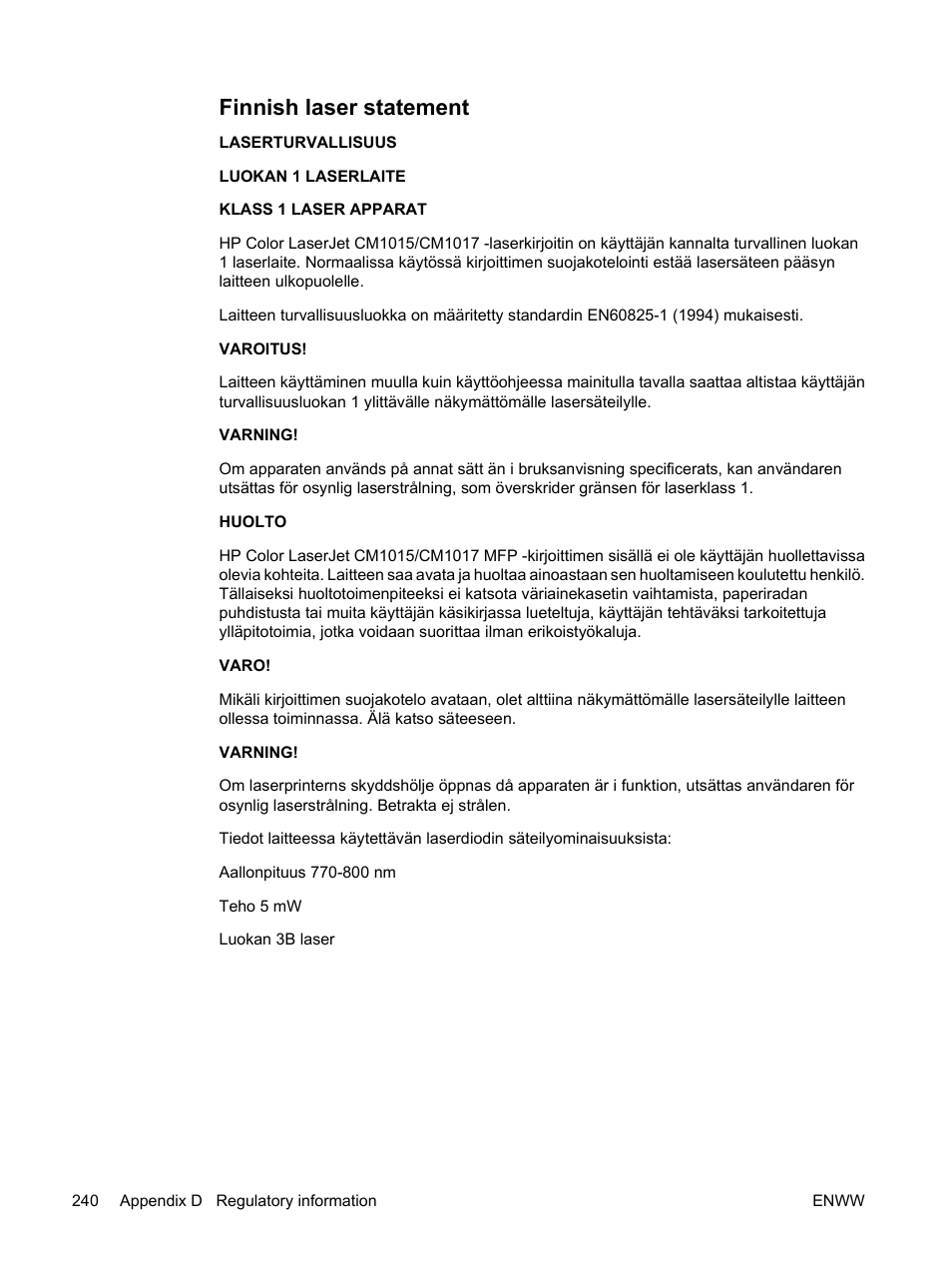 Finnish laser statement | HP Color LaserJet CM1015CM1017 Multifunction Printer series User Manual | Page 254 / 264
