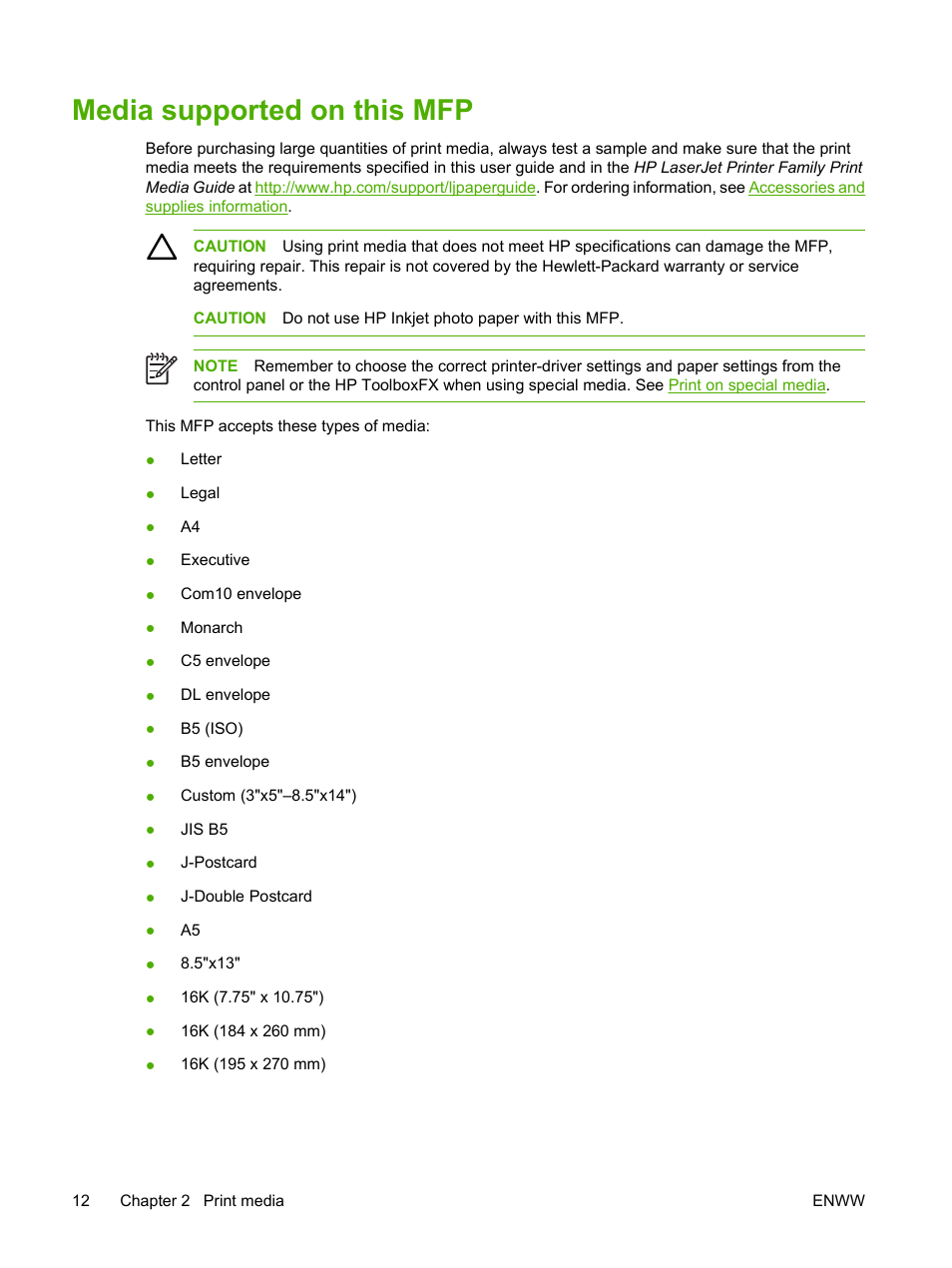 Media supported on this mfp | HP Color LaserJet CM1015CM1017 Multifunction Printer series User Manual | Page 26 / 264