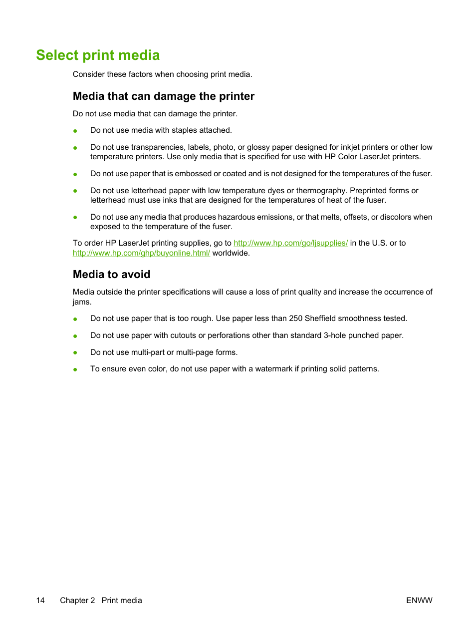 Select print media, Media that can damage the printer, Media to avoid | Media that can damage the printer media to avoid | HP Color LaserJet CM1015CM1017 Multifunction Printer series User Manual | Page 28 / 264