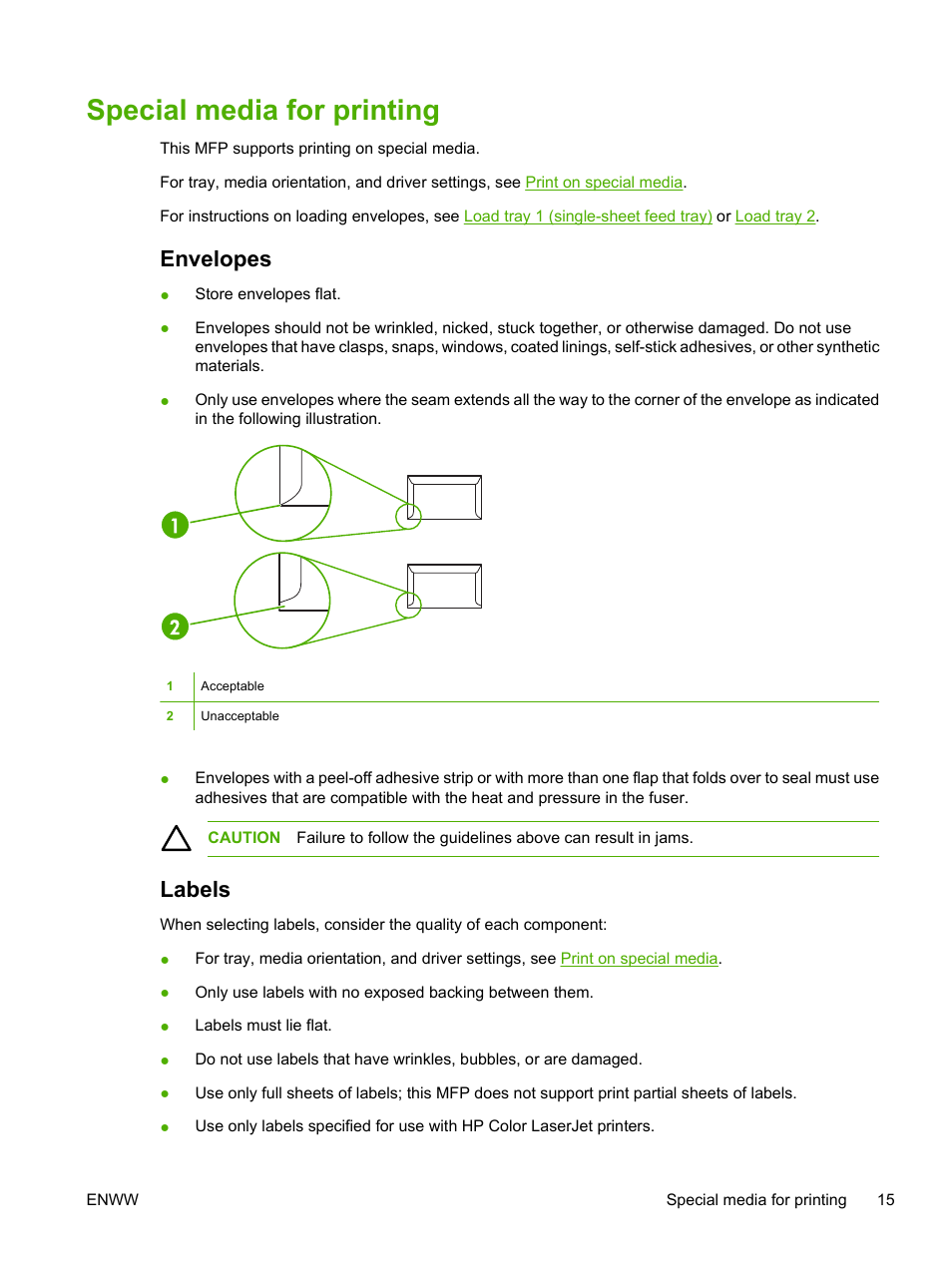 Special media for printing, Envelopes, Labels | Envelopes labels | HP Color LaserJet CM1015CM1017 Multifunction Printer series User Manual | Page 29 / 264