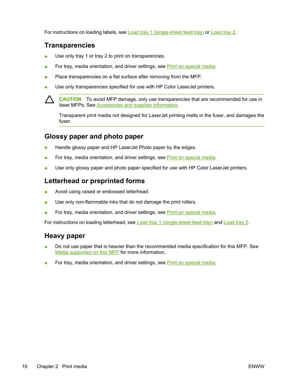 Transparencies, Glossy paper and photo paper, Letterhead or preprinted forms | Heavy paper | HP Color LaserJet CM1015CM1017 Multifunction Printer series User Manual | Page 30 / 264