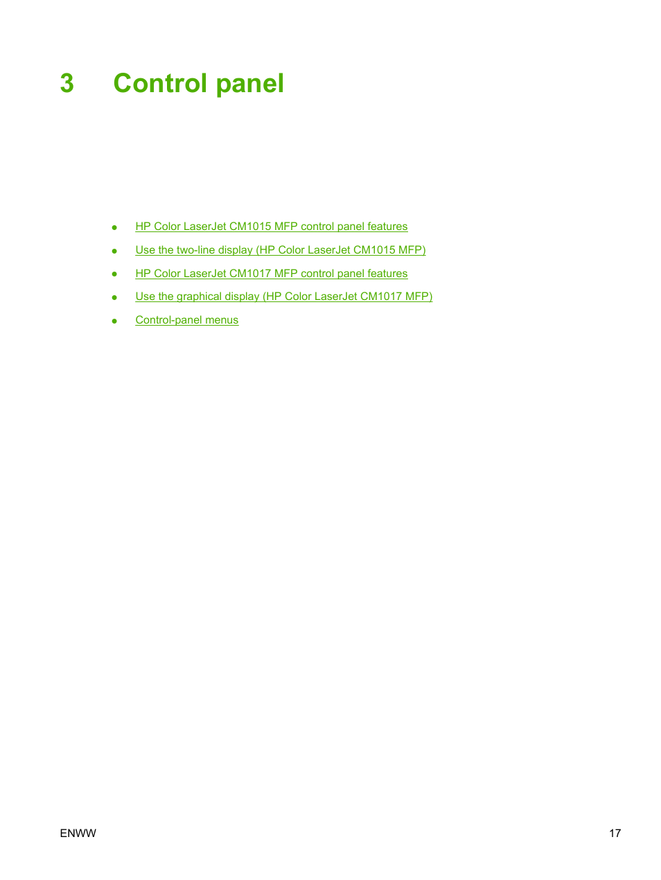 Control panel, 3 control panel, 3control panel | HP Color LaserJet CM1015CM1017 Multifunction Printer series User Manual | Page 31 / 264