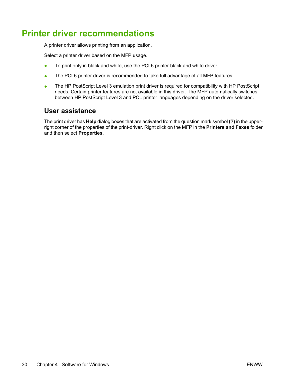 Printer driver recommendations, User assistance | HP Color LaserJet CM1015CM1017 Multifunction Printer series User Manual | Page 44 / 264