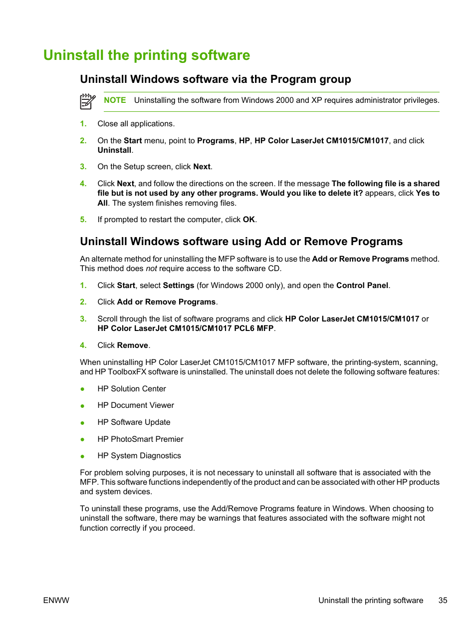 Uninstall the printing software, Uninstall windows software via the program group | HP Color LaserJet CM1015CM1017 Multifunction Printer series User Manual | Page 49 / 264