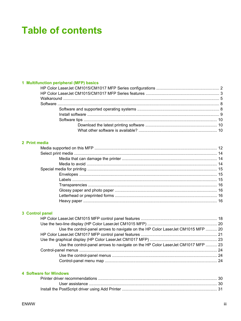 HP Color LaserJet CM1015CM1017 Multifunction Printer series User Manual | Page 5 / 264