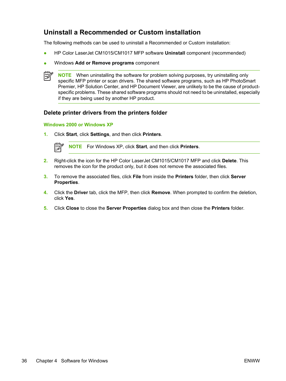 Uninstall a recommended or custom installation, Delete printer drivers from the printers folder, Windows 2000 or windows xp | HP Color LaserJet CM1015CM1017 Multifunction Printer series User Manual | Page 50 / 264