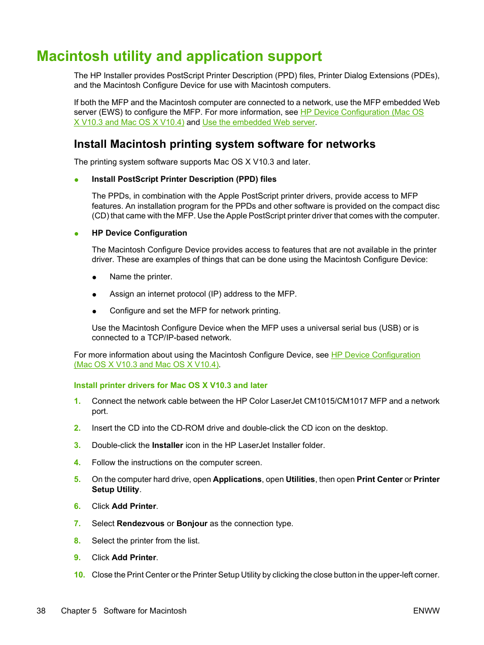 Macintosh utility and application support | HP Color LaserJet CM1015CM1017 Multifunction Printer series User Manual | Page 52 / 264