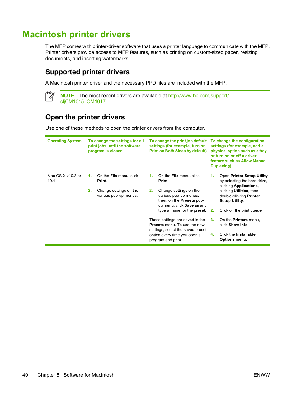 Macintosh printer drivers, Supported printer drivers, Open the printer drivers | Supported printer drivers open the printer drivers | HP Color LaserJet CM1015CM1017 Multifunction Printer series User Manual | Page 54 / 264